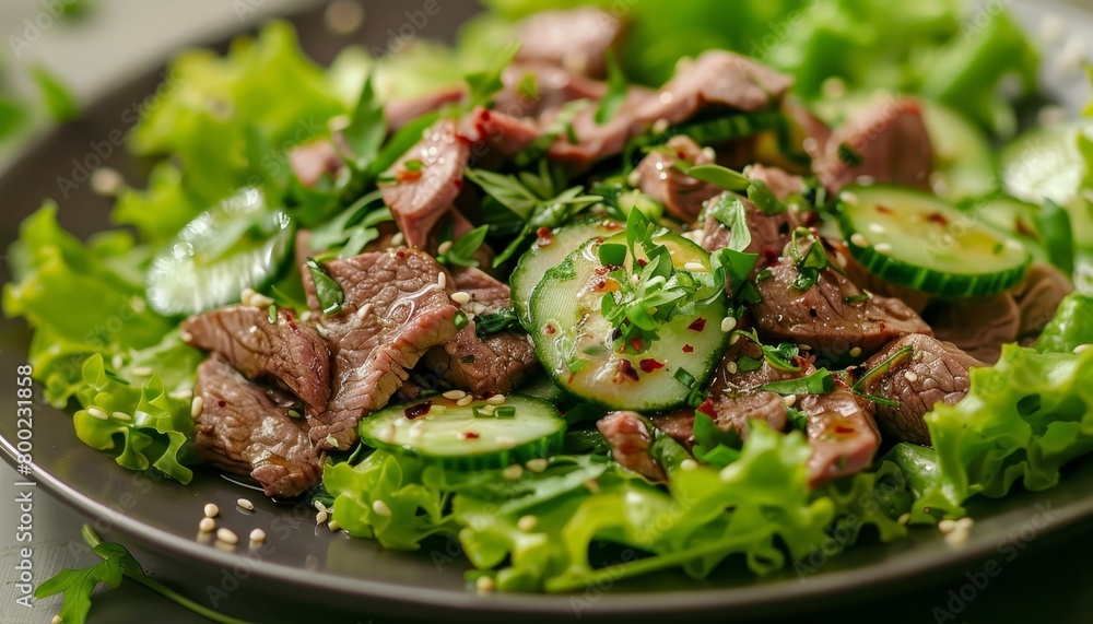 Focused ostrich salad with lettuce and cucumber