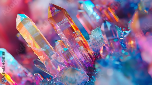 Crystalline structures at a microscopic level, hyperreal clarity, bright, vivid colors, angled view photo