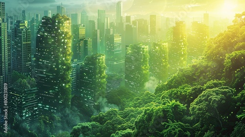 Vibrant ecology and technology fusion illustration in a green-themed environment