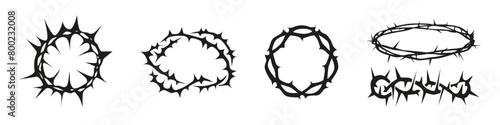 Wreath with thorns vector silhouette. Crown with thorn set. Spiritual symbol collection.