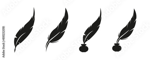Feather pen vector silhouette. Ink writing tool icons.
