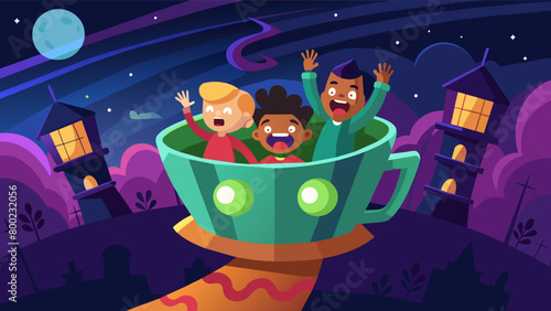 The spinning tea cup ride is packed with giggling children their arms stretched out as the ride picks up speed.. Vector illustration