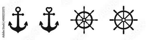 Anchor and steering wheel vector icons. Anchors and rudder icon set.