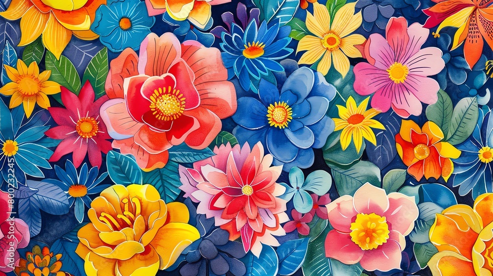 Exotic floral pattern, watercolor painting, vivid colors, tightly clustered, from above