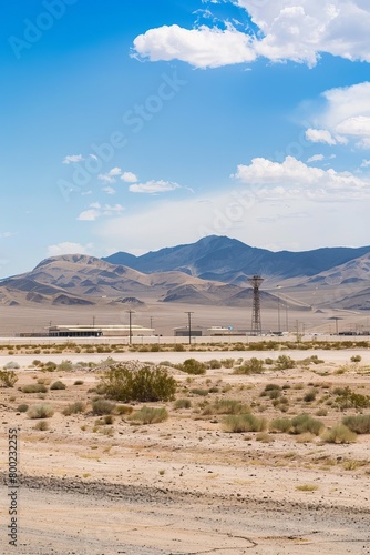 Area 51 Military Base From a Distant Vantage Point, With Surveillance Towers And Hangars Visible in The Distance, Generative AI (ID: 800232255)