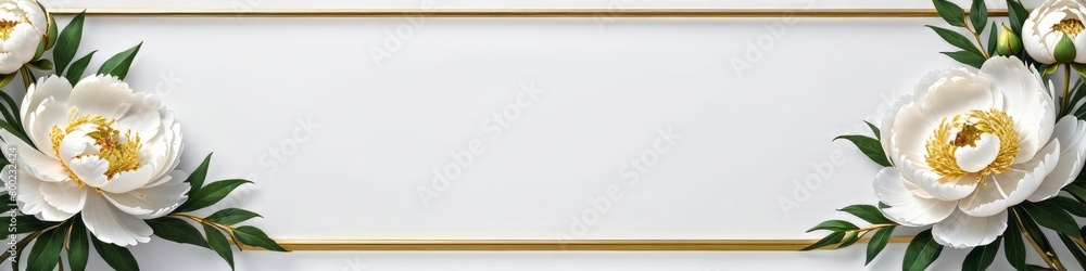 Obraz premium White peony flower bouquet border. Flat lay, top view. Frame template for web, wedding invitation, Mothers and Womans day. Floral composition with copy space. 