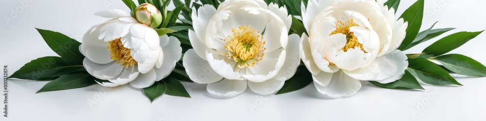 White peony flower bouquet border. Flat lay, top view. Frame template for web, wedding invitation, Mothers and Womans day. Floral composition with copy space. 