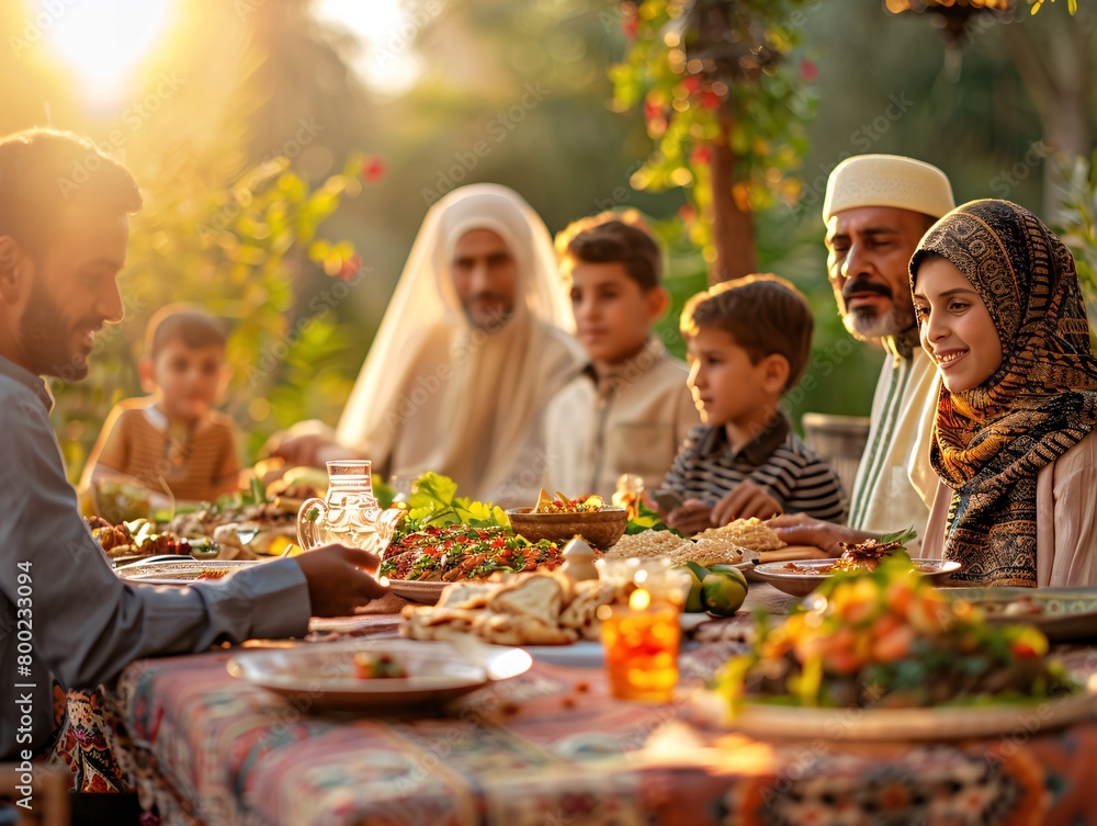 A family gathers around a festive table decorated with traditional Eid-al-Adha dishes A family gathers around a festive table decorated with traditional Eid-al-Adha dishes