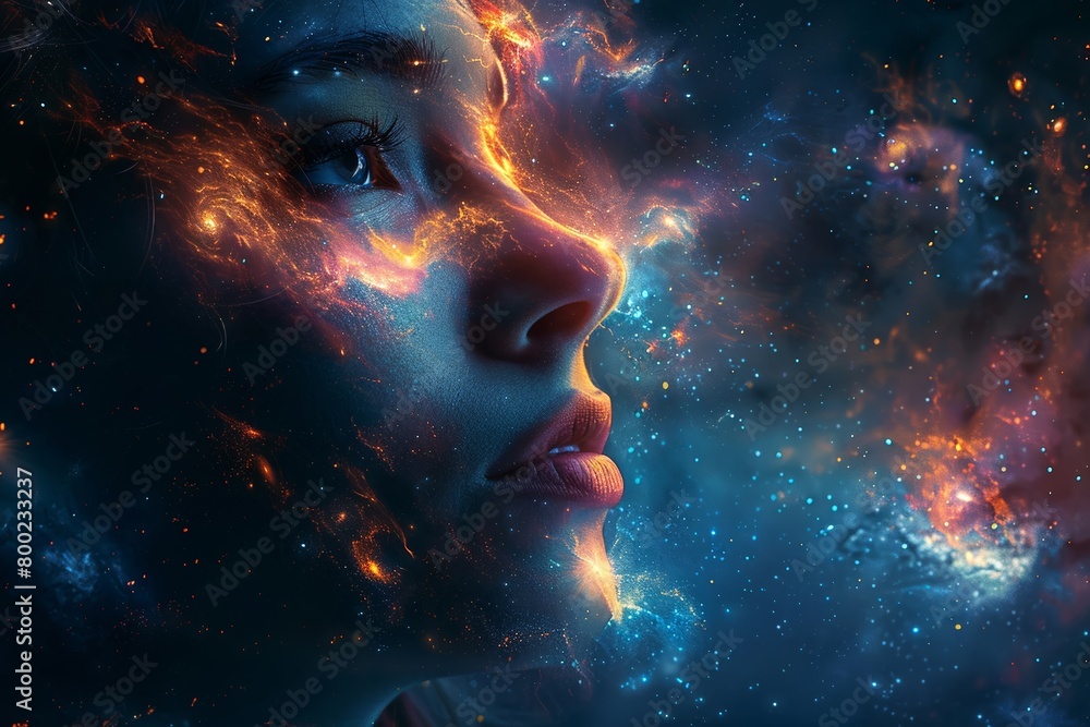 Surreal illustration of a girl's head surrounded by stars and nebulae, depicting her mind lost in the cosmos. Surreal illustration of a girl's head surrounded by stars and nebulae, depicting her mind lost in the cosmos.
