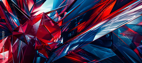 An abstract digital creation with large, angular shapes in bold red and contrasting blue, designed to simulate the effect of an HD camera capture photo