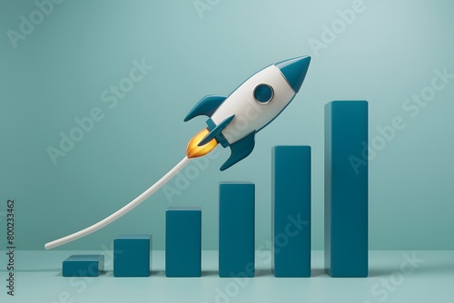 Blue and white rocket flying over bar graphs, reaching highest point, symbolizing growth