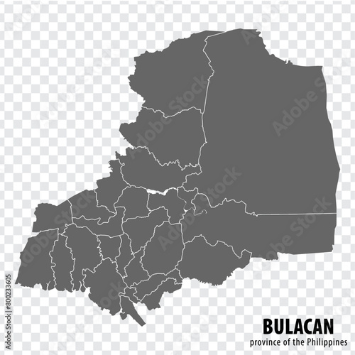 Blank map Bulacan of Philippines. High quality map Province of Bulacan with districts on transparent background for your web site design, logo, app, UI.  Republic of the Philippines.  EPS10.