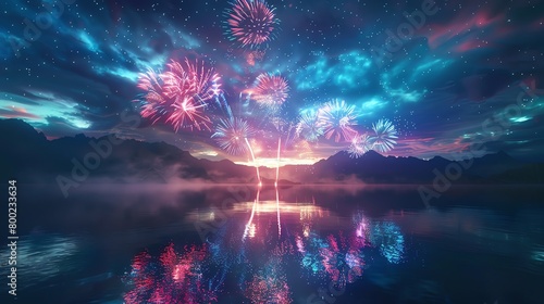 Fireworks display over a lake on Independence Day, reflection in water, 3D clipart, from a lowangle shot photo