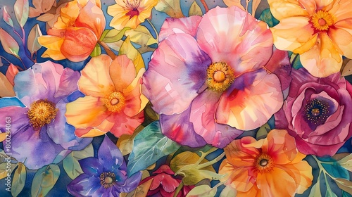 Floral tapestry in watercolors  diverse blooms  rich colors  intimate closeup view