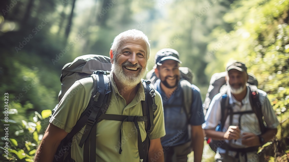 Group of senior men hiking on mountain trail, backpacks on, surrounded by lush greenery Group of senior men hiking on mountain trail, backpacks on, surrounded by lush greenery