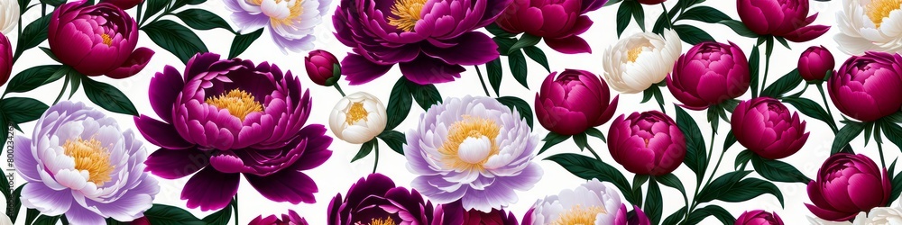 Obraz premium Banner with watercolor purple and lilac peony flowers on light background. Flat lay, top view. Frame template for web, wedding invitation, Mothers and Womans day. Floral composition with copy space. 