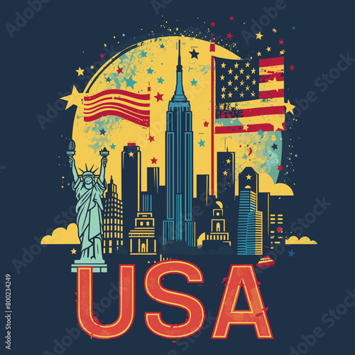 A colorful cityscape with a large statue of liberty in the center and the word USA written in bold letters