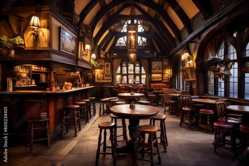 A Cozy Evening in a Traditional English Pub, Complete with Wooden Bar Stools, Gleaming Brass Taps, and Warmly Lit Vintage Lamps