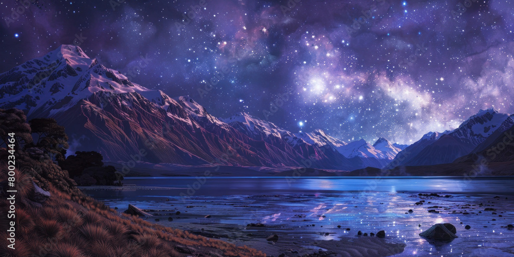 Beautiful night landscape with mountains, lake, and starry sky for Maori New Year celebration, banner