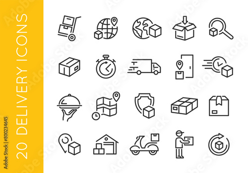 Delivery Services icons. Set of 20 Delivery trendy minimal icons featuring concepts such as worldwide shipping, package tracking, express mail, and secure transportation. Vector illustration 