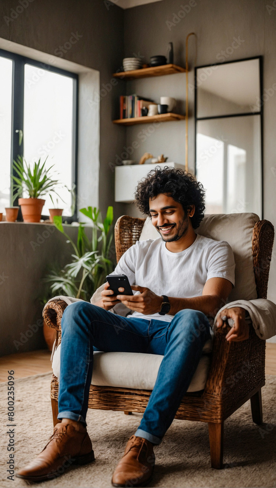 A happy young Indian man using a mobile phone to check his social media and to chat