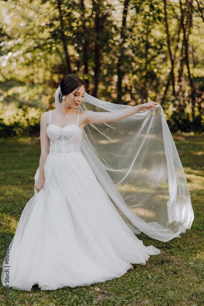 A bride is standing in a field with a white veil and a white dress. She is holding a white scarf in her hand A bride is standing in a field with a white veil and a white dress. She is holding a white scarf in her hand