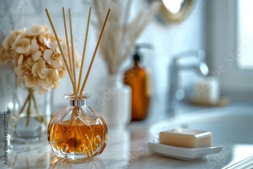 Glass reed diffuser bottle adds luxury to white bathroom as air freshener and decoration