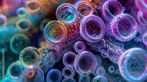 Hyperrealistic portrayal of a microscopic world, vibrant colors, closeup view, vivid textures