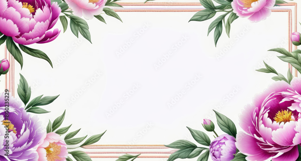 Banner with watercolor purple and pink peony flowers on light background. Flat lay, top view. Frame template for web, wedding invitation, Mothers and Womans day. Floral composition with copy space.

