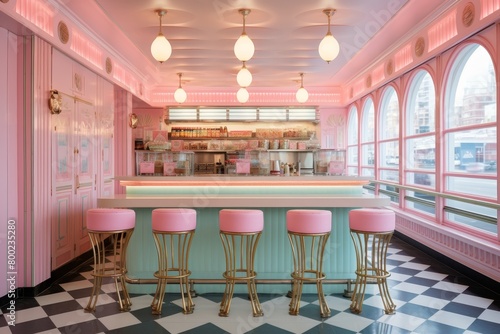 A Vintage Ice Cream Parlor with Pastel Interiors, Featuring Striped Awnings, Classic Bar Stools, and a Candy-Colored Counter photo