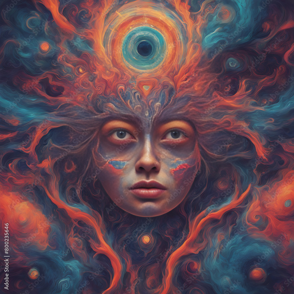 Enigmatic forms sway within a vivid enigma. Eyes, hearts, and ethereal energies intertwine. Evoking the essence of the spirit realm. A mesmerizing fusion of psychedelic and surreal art, perfect for wa