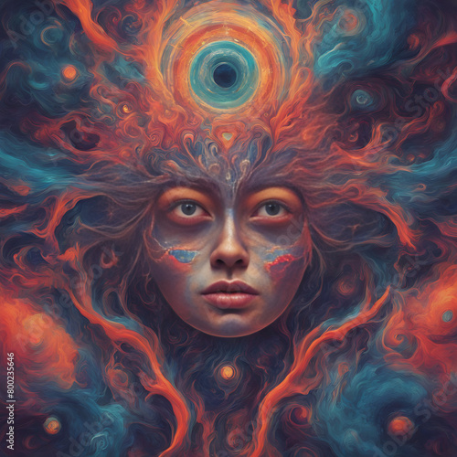 Enigmatic forms sway within a vivid enigma. Eyes, hearts, and ethereal energies intertwine. Evoking the essence of the spirit realm. A mesmerizing fusion of psychedelic and surreal art, perfect for wa