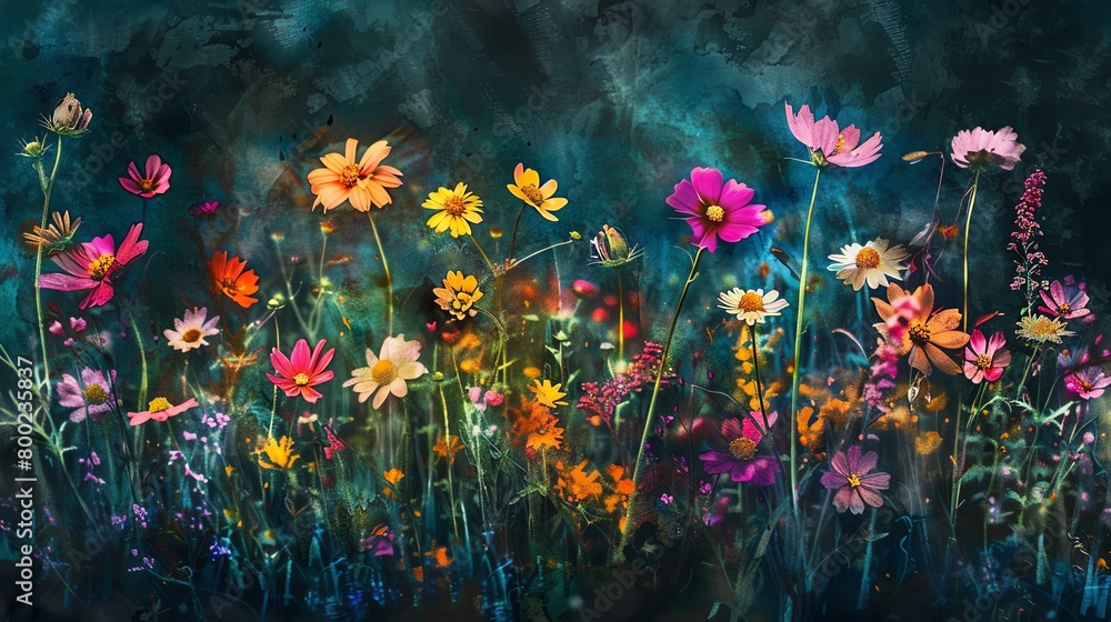 Meadow flowers in watercolor, variety of species, high saturation, closeup, natural light