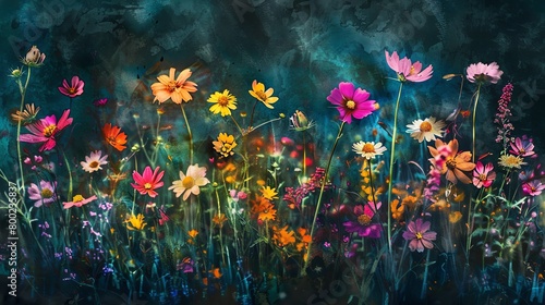 Meadow flowers in watercolor, variety of species, high saturation, closeup, natural light