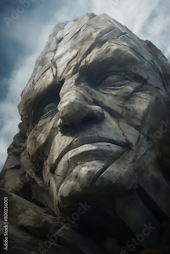 A massive, carved stone sculpture of a terrifying, demonic face against a cloudy sky. A mountain carving of an old man head with evil expression. AI-generated