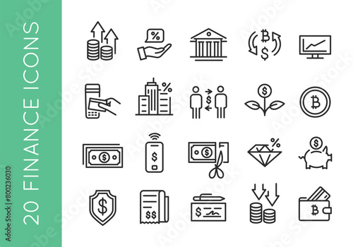 Finance Icons. A collection of 20 streamlined and modern icons representing key concepts in finance and investment. Examples include Profit Growth, Interest Rate, Bank Building. Vector illustration photo