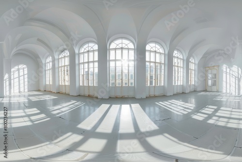 HDRI 360 spherical panorama in empty white room with seamless equirectangular projection and panoramic windows