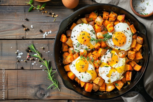 Hash browns with eggs cooked in cast iron skillet