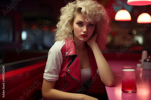 A young, attractive woman sits alone at a bar or diner with a glass of soft drink. A retro portrait of beautiful confident lady enjoying an evening drink in a cozy cafe. AI-generated