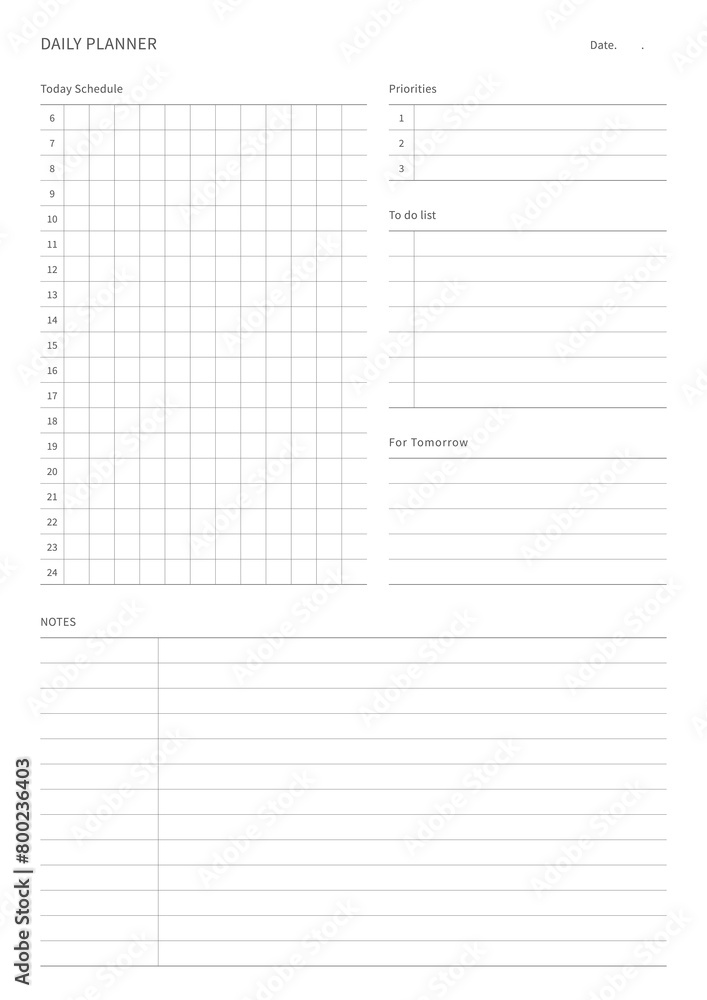 A daily plan design template in a modern, simple, and minimalist style. Note, scheduler, diary, calendar, planner document template illustration. A daily plan design template in a modern, simple, and minimalist style. Note, scheduler, diary, calendar, planner document template illustration.