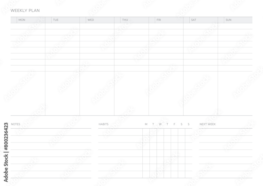A weekly plan design template in a modern, simple, and minimalist style. Note, scheduler, diary, calendar, planner document template illustration. A weekly plan design template in a modern, simple, and minimalist style. Note, scheduler, diary, calendar, planner document template illustration.
