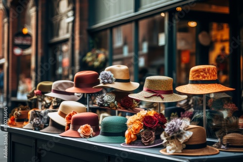 A quaint hat shop nestled in a bustling city street, showcasing an array of hats designed for all seasons, from warm woolen beanies to sun-protective straw hats © aicandy