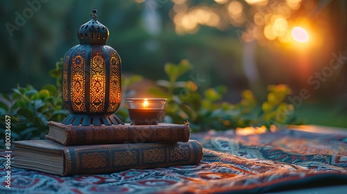 Sunset's Embrace: Islamic Books and Lantern Symbolizing Knowledge and Tradition