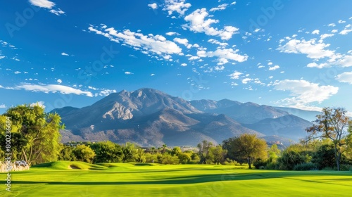 Beautiful landscape of a golf course with mountain against blue sky background. Generated AI image