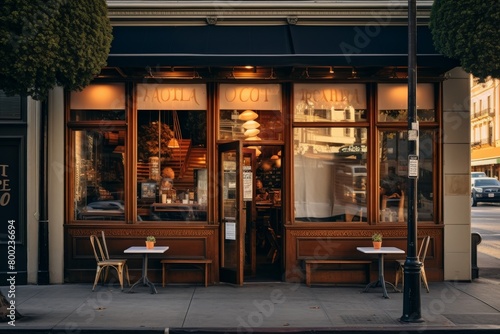 A bustling quick service restaurant with chalkboard displaying daily offers, nestled amidst urban architecture photo