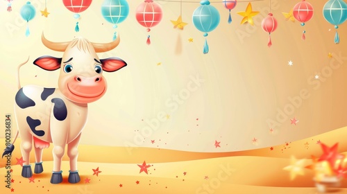 Illustration of a sacrificial cow for the Islamic Eid al-Adha holiday Islamic ornaments in the background.