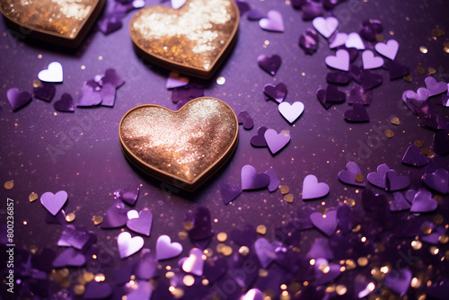 Colorful heart confetti scattered on a purple background with copy space. Fun, heart-shaped decor elements at a Valentines day party. AI-generated
