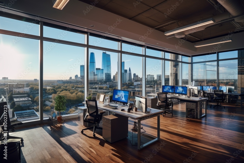 The Ice Blue Content Team Office, a Modern Workspace with High Tech Equipment, Open Floor Plan and Panoramic City Views