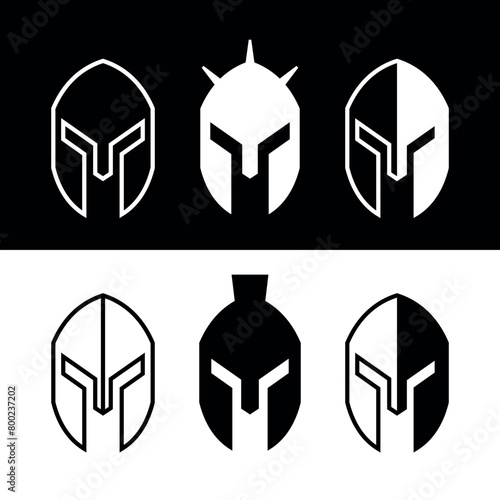 Gladiator helmet icons set. Iron armor of a warrior or knight. Symbol of battle or troops, army. Bronze helmet of a Roman warrior or Spartan.