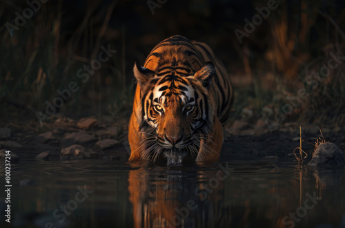 A tiger drinking water from the river